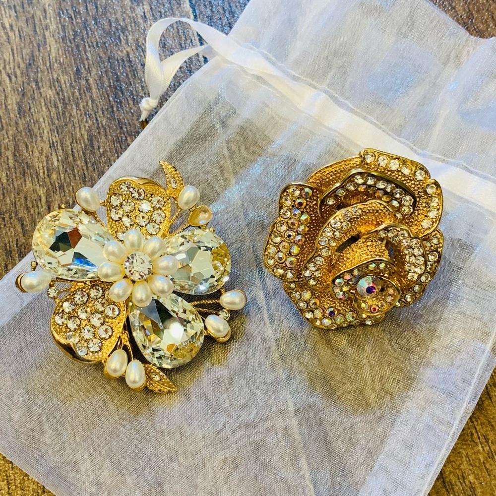 Set of 2 Gold Rhinestone & Pearl Embellished Oversized Rings